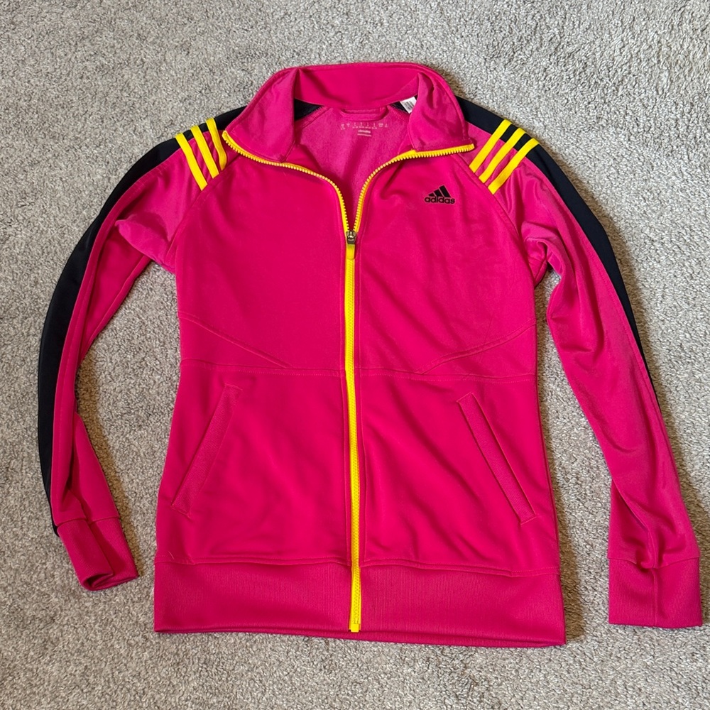 adidas Hot Pink Zip-Up Track Jacket with Yellow Accents and Black Panels